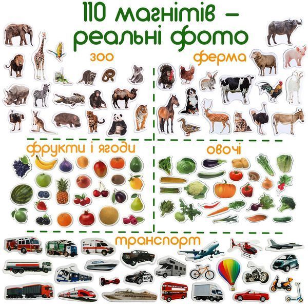 Подарунковий набір магнітів (тварини, транспорт, фрукти, овочі) 110 елементів Magdum ML4031-63 EN ML4031-63 EN фото